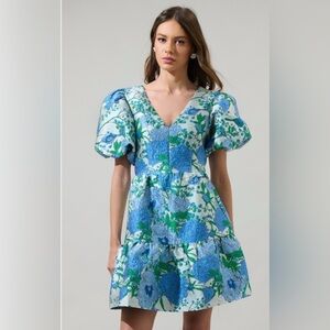 Sugarlips Blue & Green Floral Puff Sleeve Mini Dress